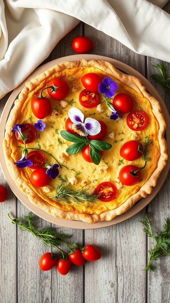 An elegantly decorated quiche with cherry tomatoes, herbs, and edible flowers on a wooden table.